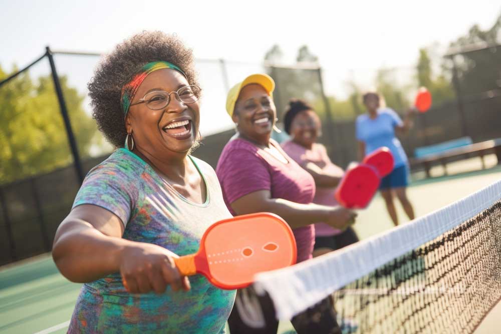 Three women holding pickle ball paddles outside at court 