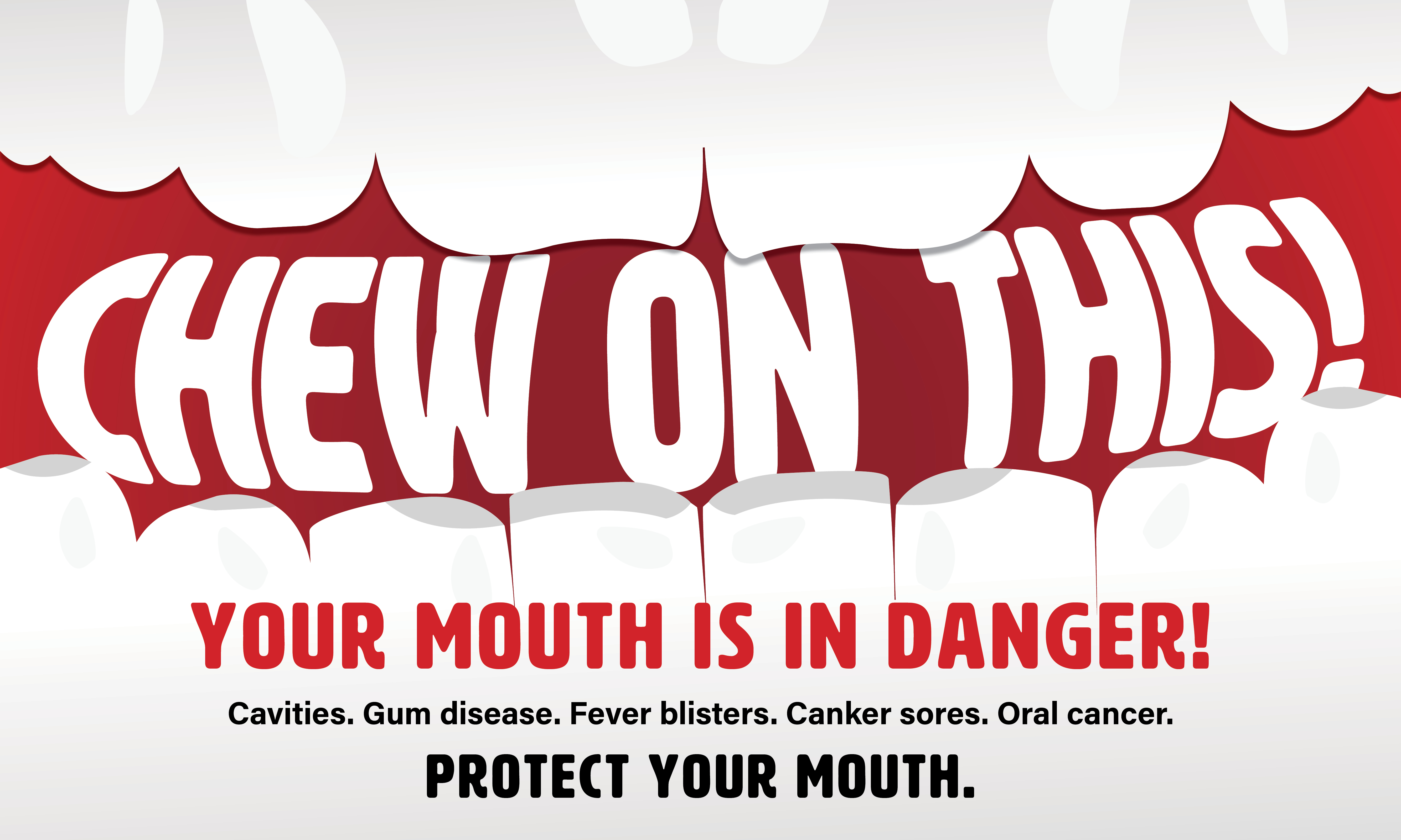 cartoon image of a mouth with the text "chew on this"